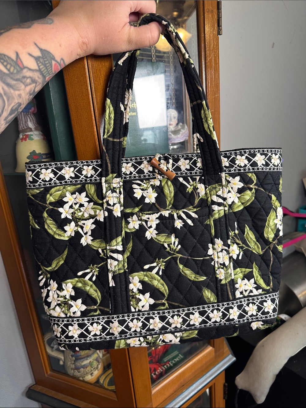 Vera Bradley Black Quilted Floral Tote with Green Leaves
